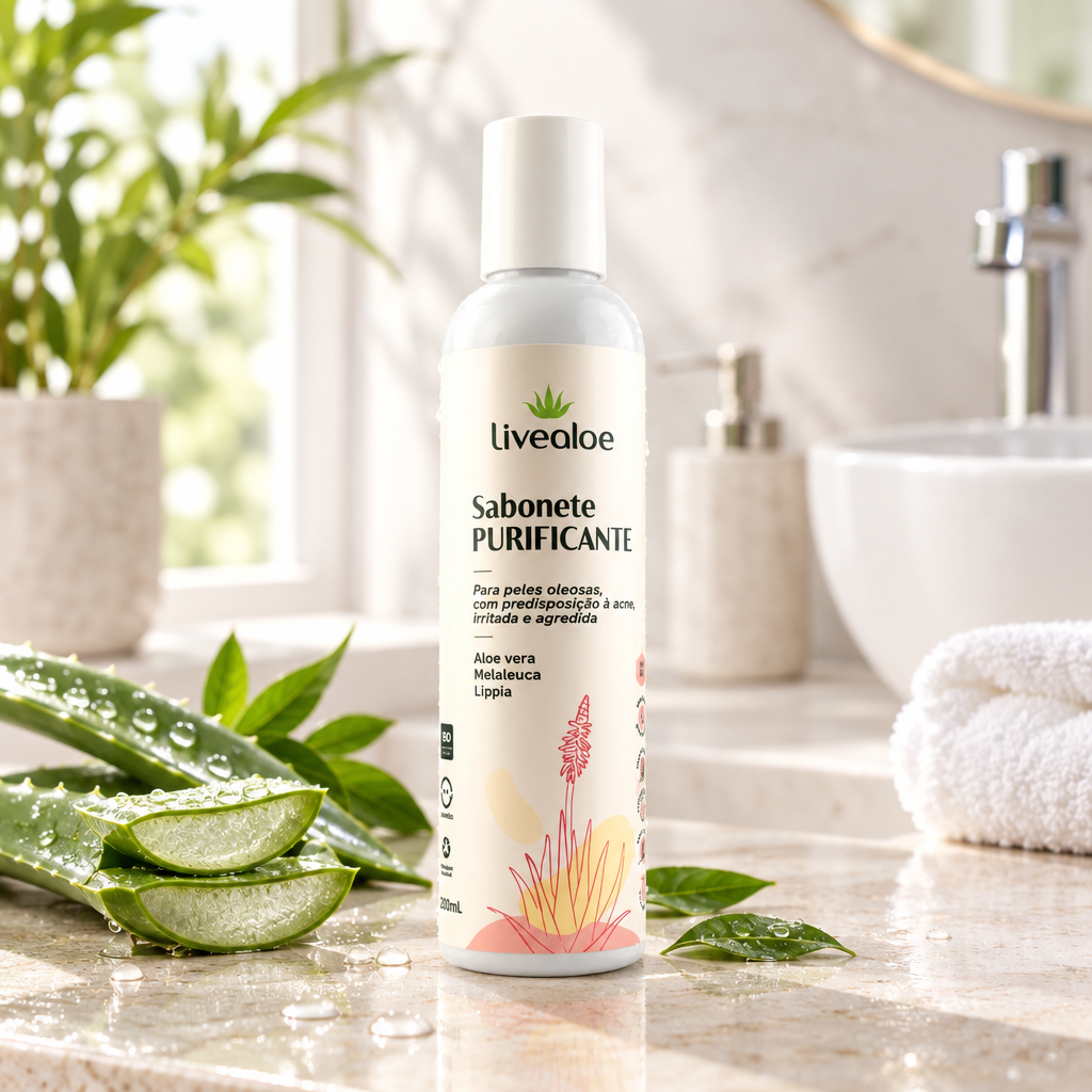 Sabonete purificante em uma bancada clara, com luz natural e detalhes verdes